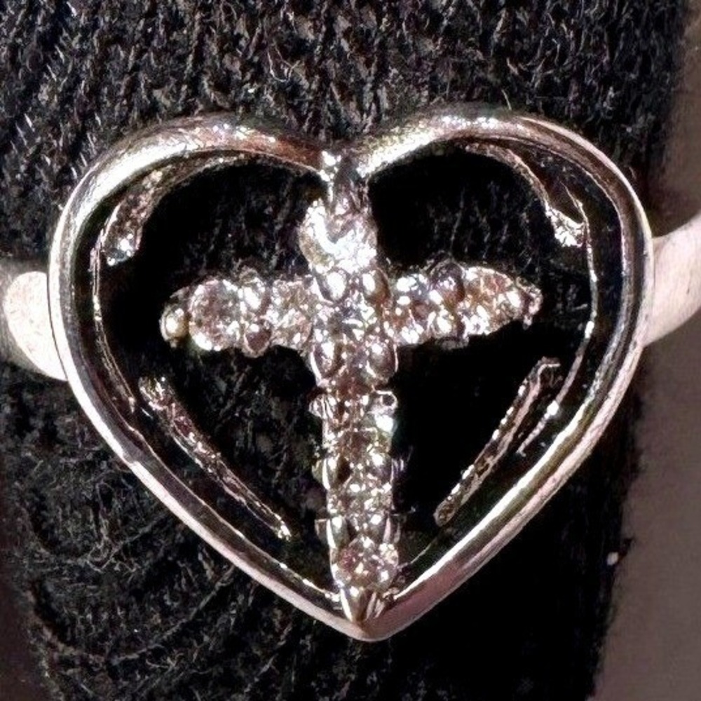 Silver Tone Heart Cross Ring with Clear Accents Religious Faith Jewelry Size 7